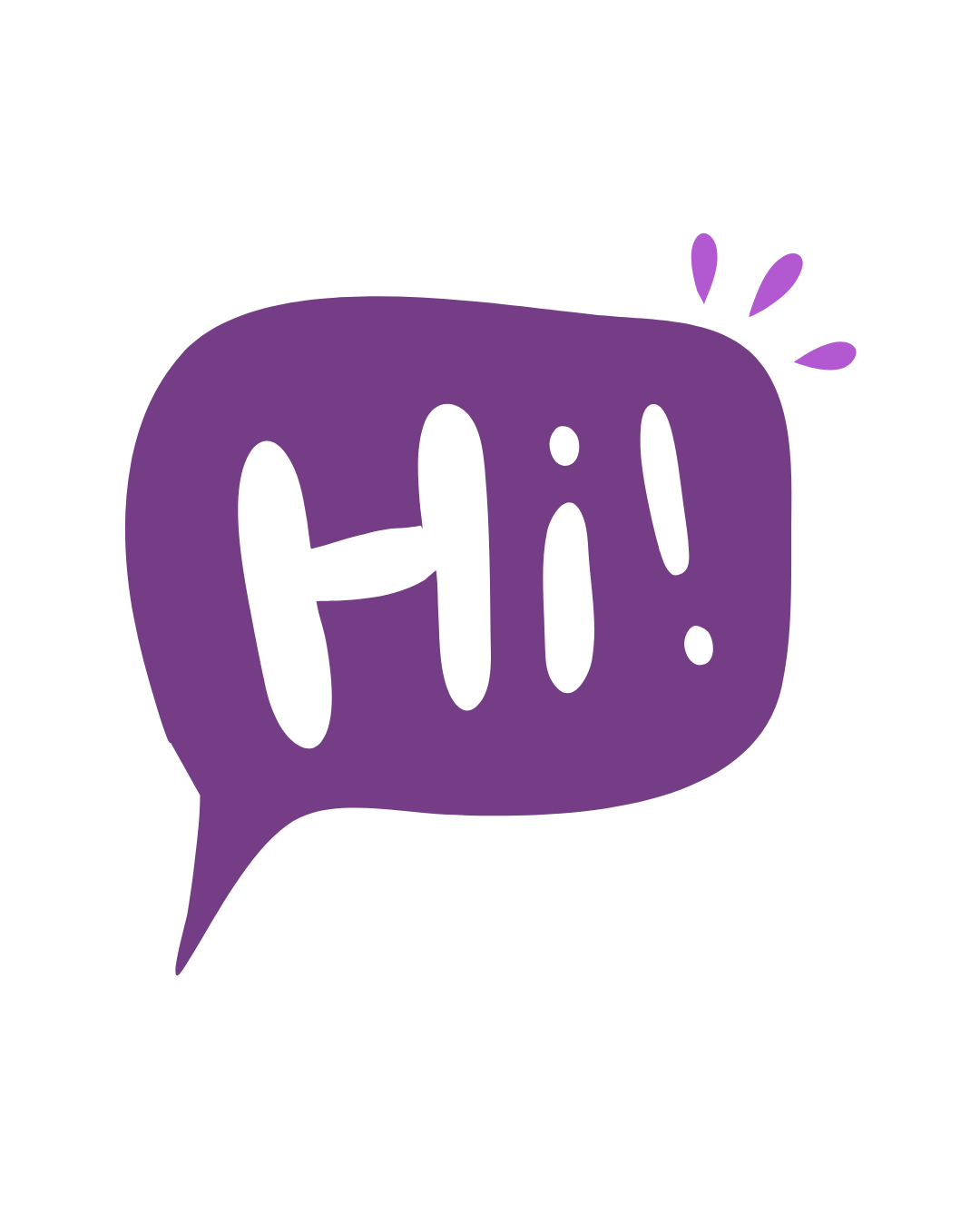 Purple speech bubble with the word 'Hi!' written in white, casual font, with small purple droplets near the top right.