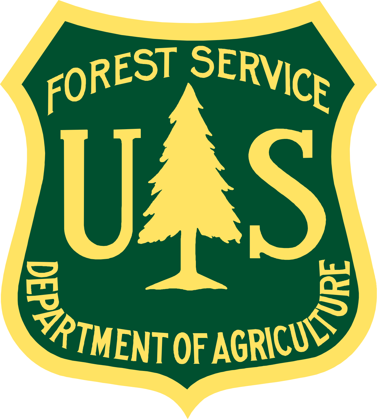 U.S. Forest Service badge with a pine tree in the center and text 'Forest Service' above and 'Department of Agriculture' below.