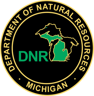 Seal of the Michigan Department of Natural Resources, featuring a map of Michigan with green and yellow highlights, and the text 'DNR' in green at the bottom, surrounded by a black and gold circular border with the words 'Department of Natural Resour