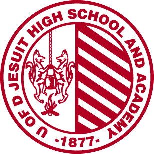 Seal of the Ujedinjeni Duh Jesuit High School and Academy, featuring a shield with a lion holding a staff and a flame, surrounded by a circular border with the school's name and founding year 1877.
