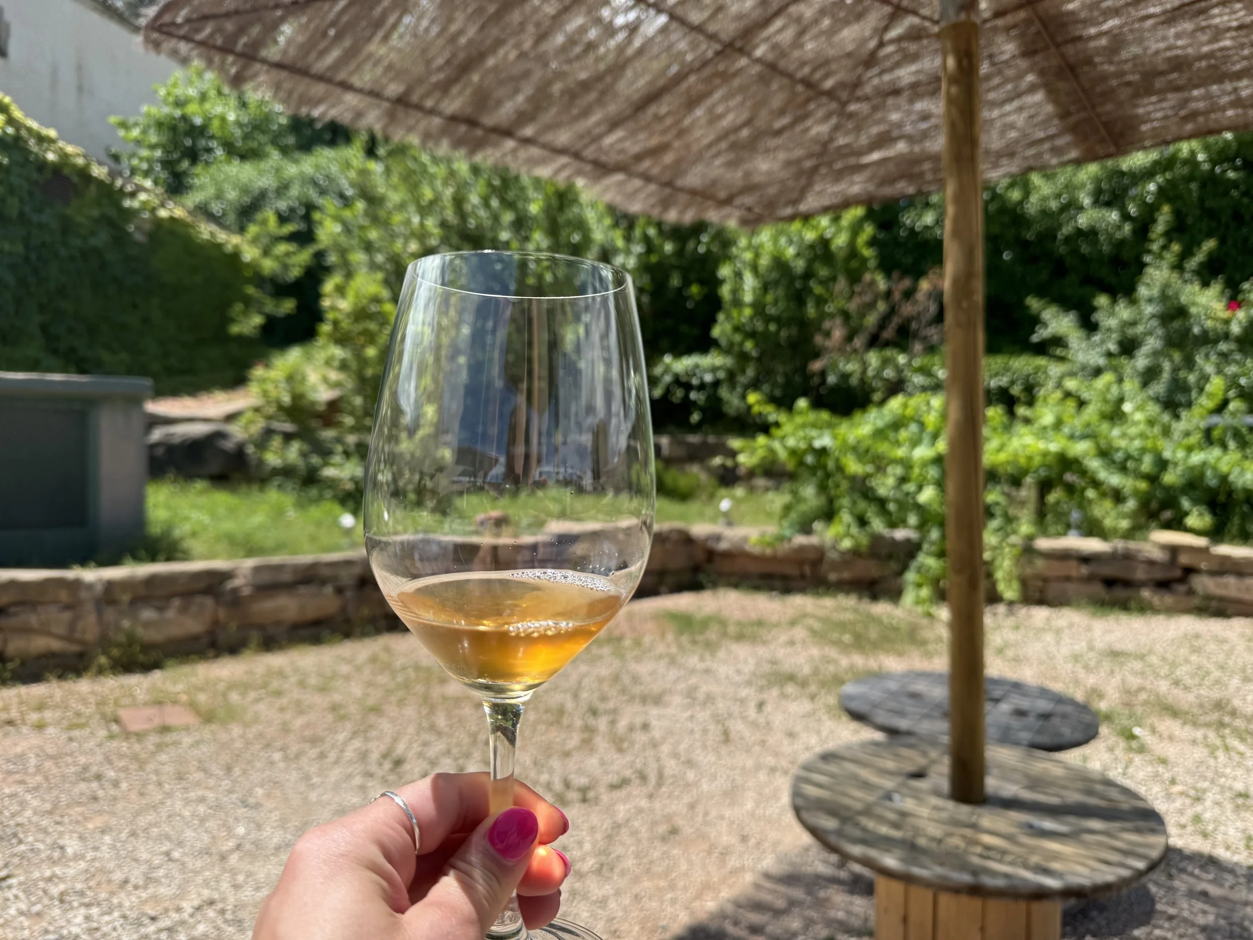 A hand holding a wine glass with white wine outdoors under a large straw umbrella, with green trees and bushes in the background.