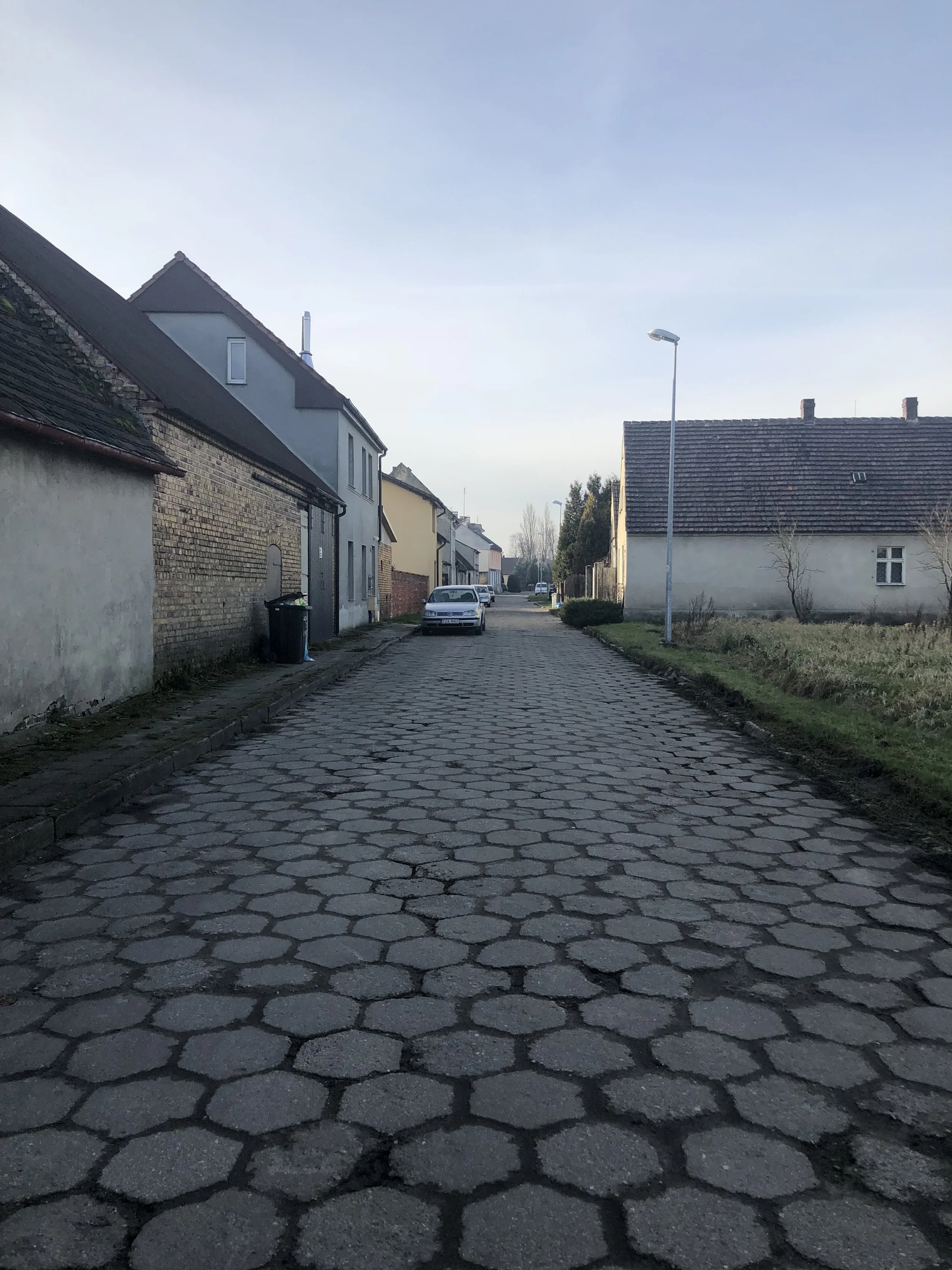 A quiet cobblestone street in a residential neighborhood with houses on both sides, some with brick and stucco exteriors, and a few cars parked along the street.