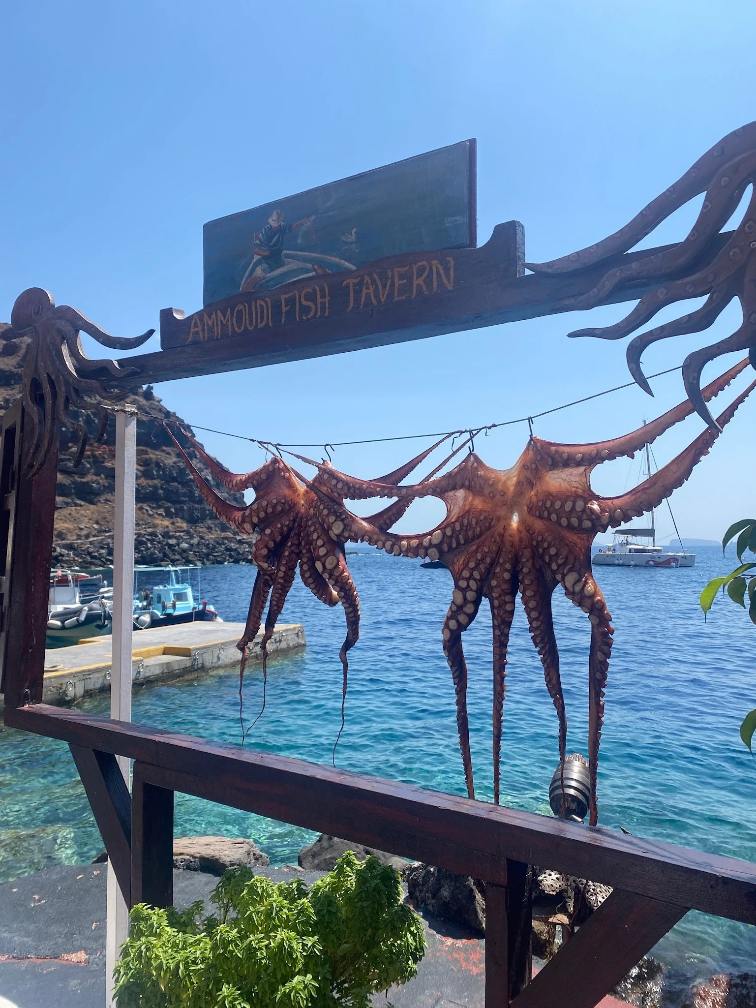 A sign for Ammoudi Fish Tavern with art of an octopus hanging in front of a harbor scene with boats, water, and a rocky hillside against a clear blue sky.
