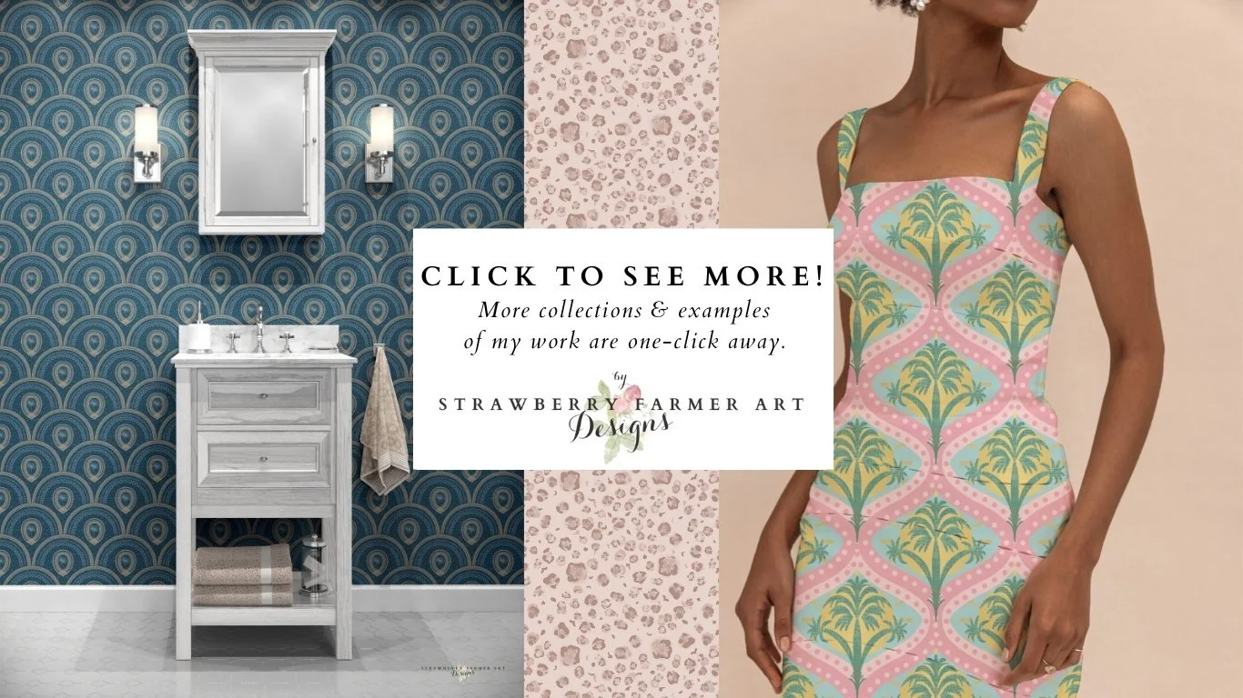 Design mockups of wallpaper and apparel with click to see more.