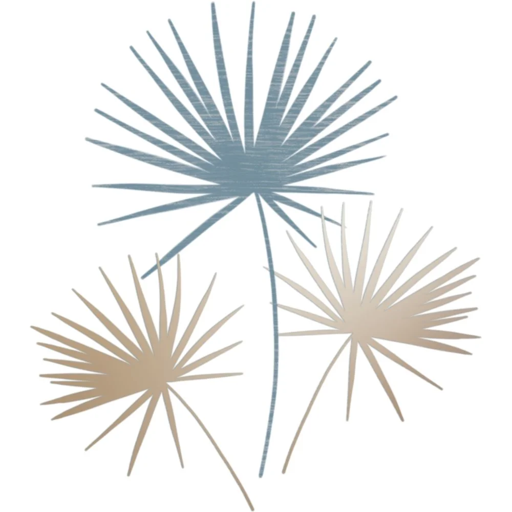 Wild Serenade collection illustration featuring coordinated botanical and geometric repeat patterns in blue, sand and neutral tones.