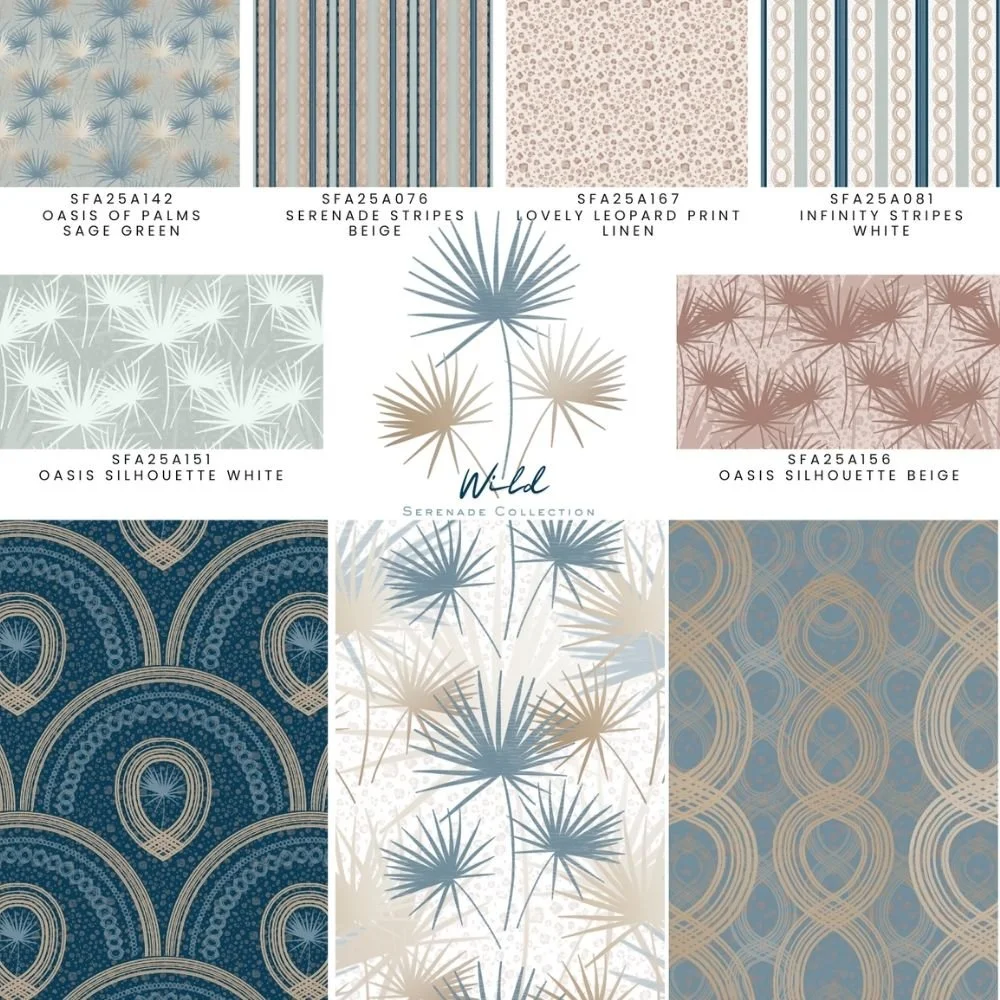 Wild Serenade surface pattern portfolio tear sheet showing coordinated repeat designs and SKUs for art licensing