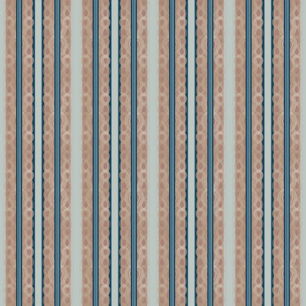 Serenade Stripes repeat pattern in ginger featuring vertical stripe motifs in warm neutral and navy tones for wallpaper and textile design.