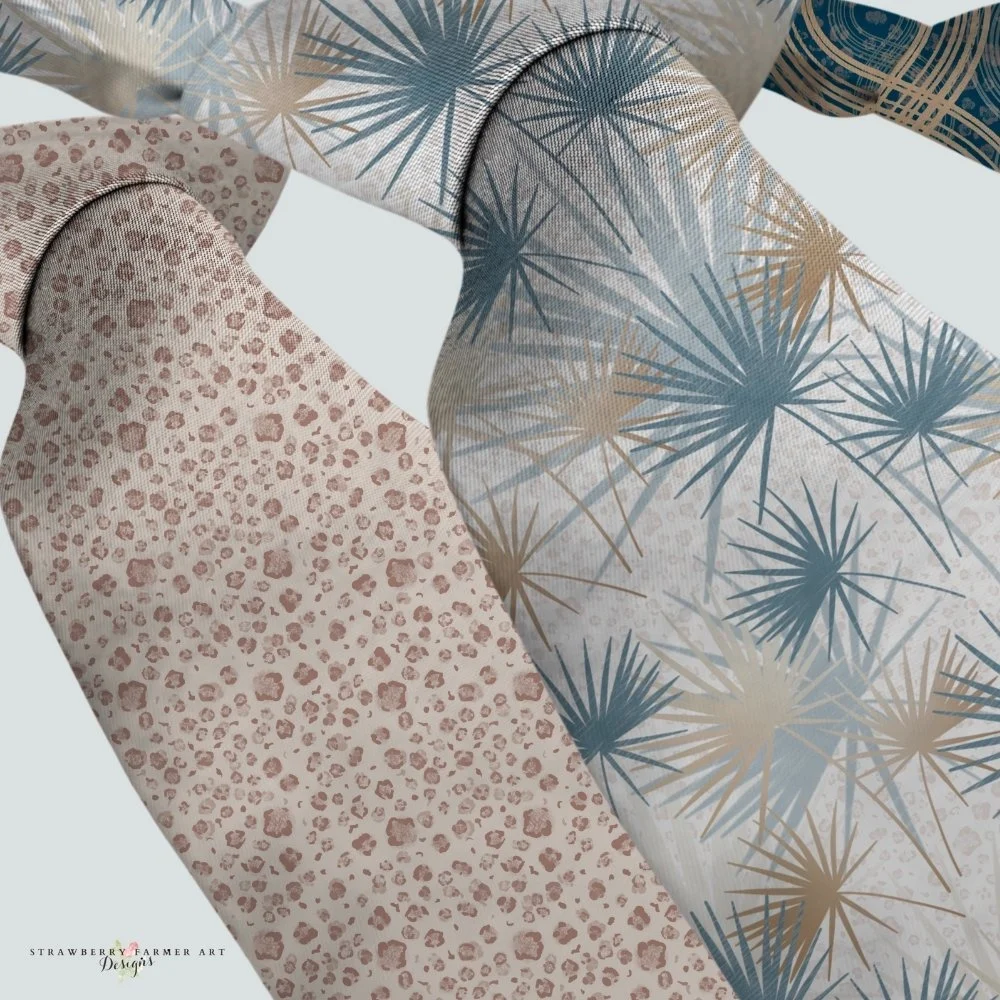 Necktie product mockup featuring licensed surface pattern artwork representing product launch and market-ready design