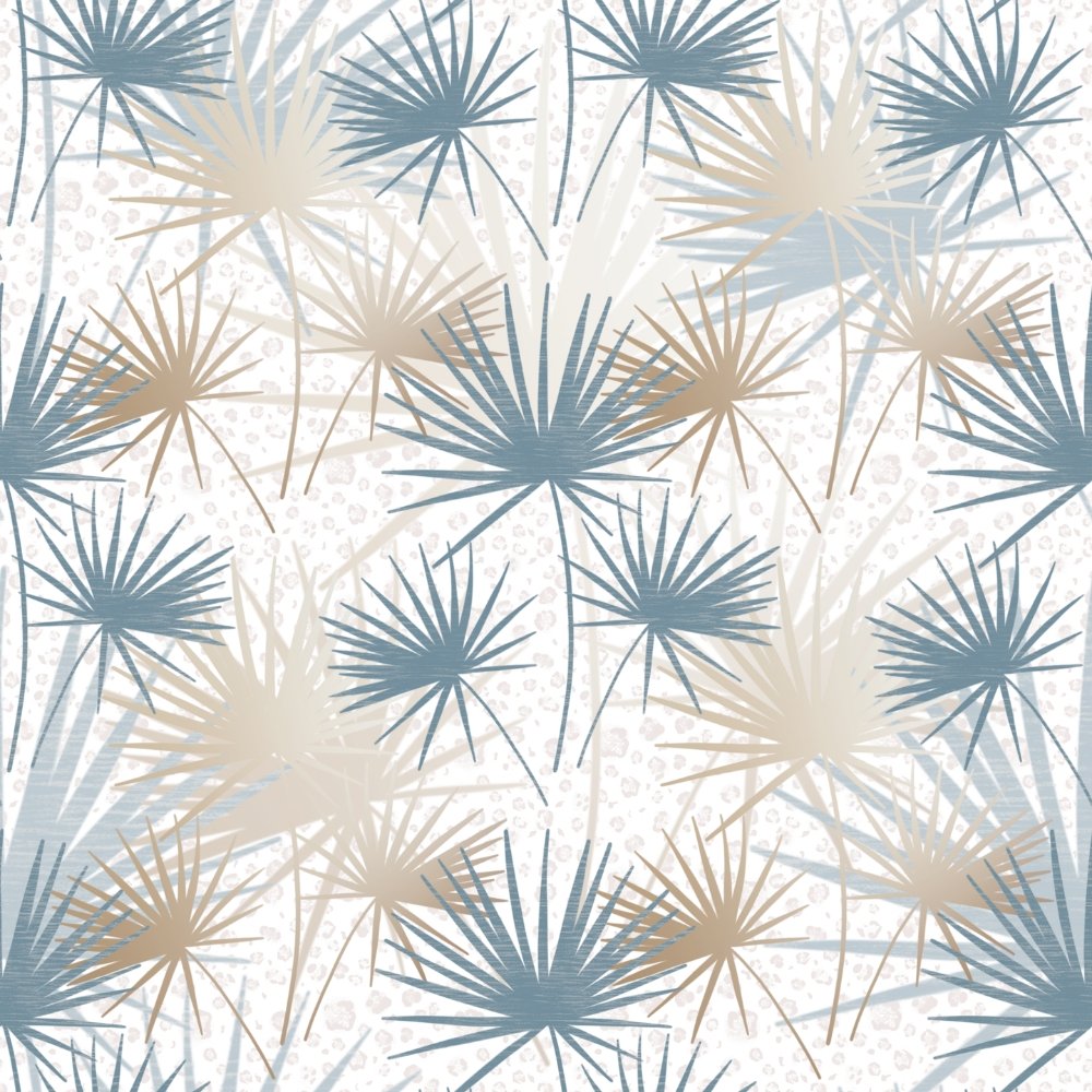 Oasis of Palms large-scale repeat pattern in white featuring stylized palm bursts in blue and sand tones for wallpaper and textile design.