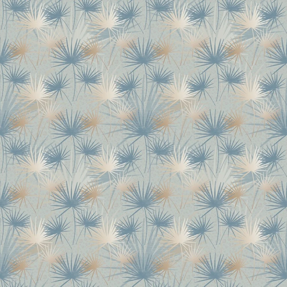 Oasis of Palms small-scale repeat pattern in sage featuring layered palm motifs designed for fabric and home decor applications.