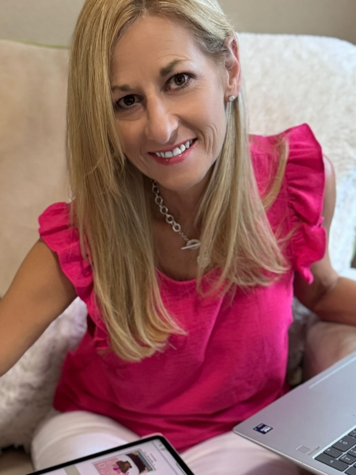 Michelle Chudy, surface pattern designer, working digitally on repeat pattern designs for licensing and textile applications in her creative studio.