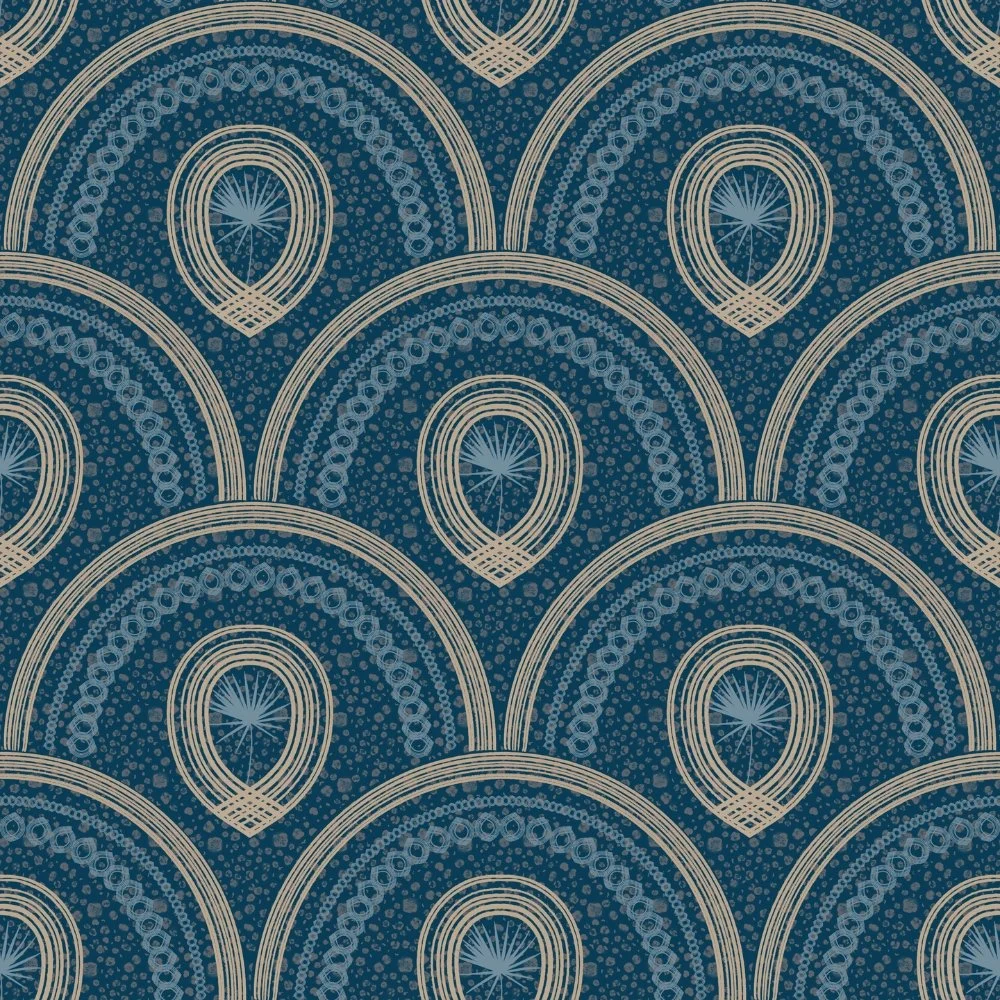 Savanna Echo repeat pattern in navy featuring layered circular arc motifs with subtle texture designed for wallpaper and textile applications.