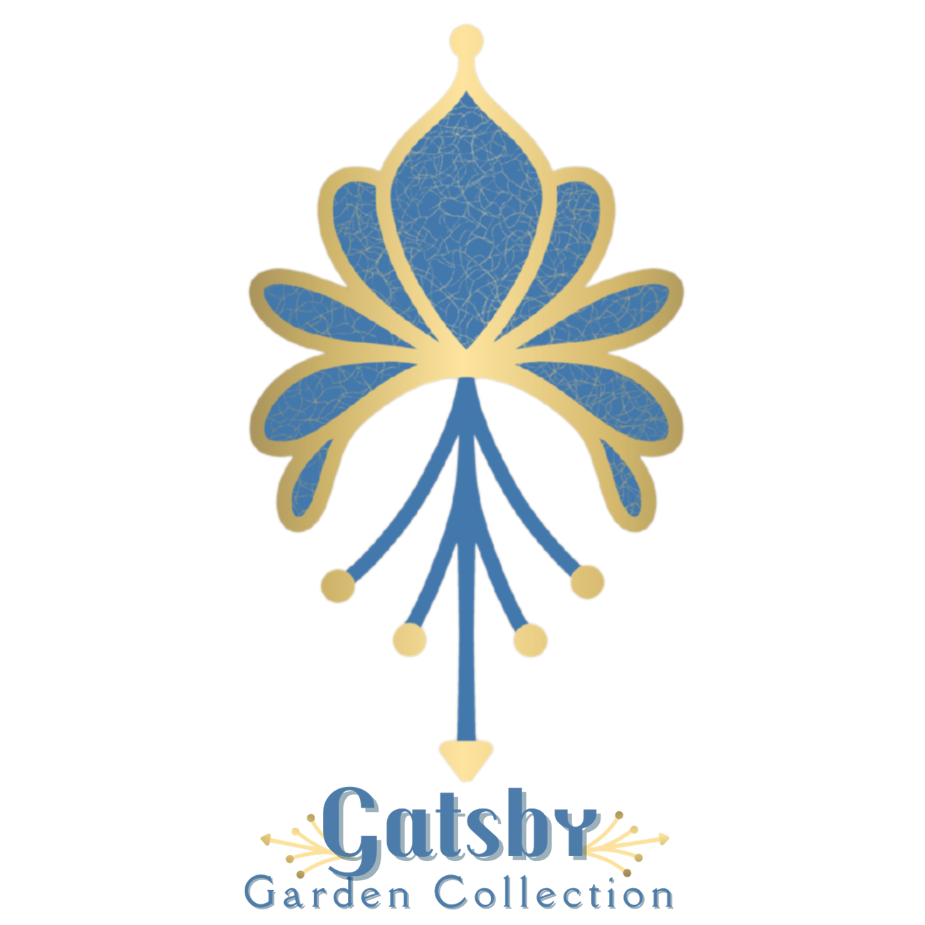 Art Deco floral emblem logo for Gatsby Garden surface design collection in Deco Blue and Antique Gold