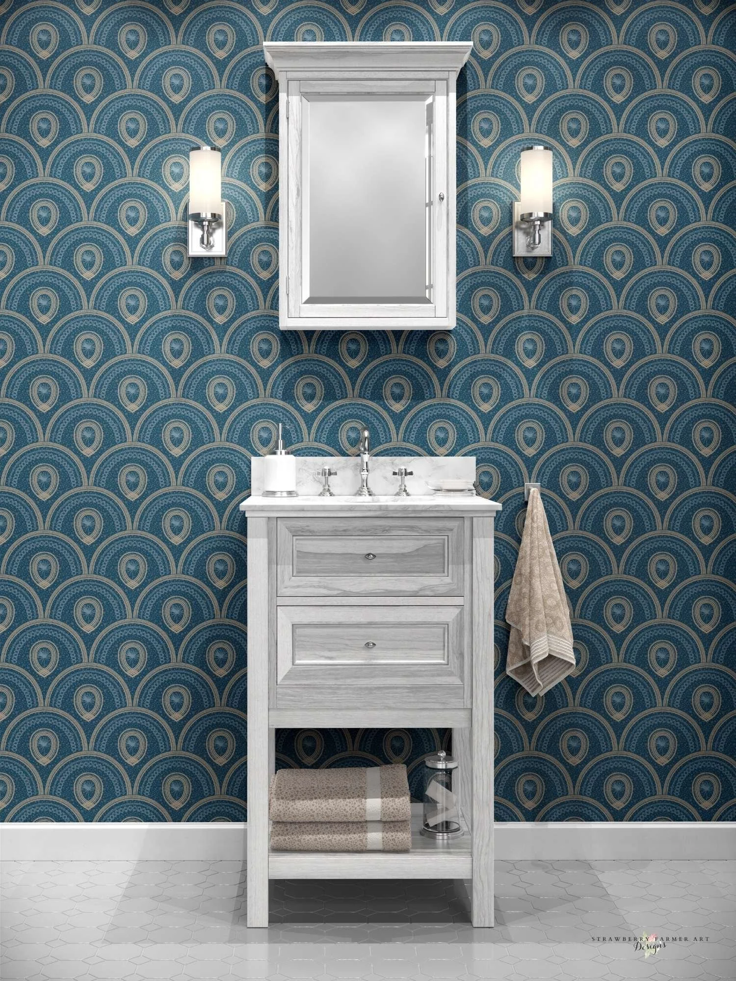 Savanna Echo wallpaper shown in navy colorway.