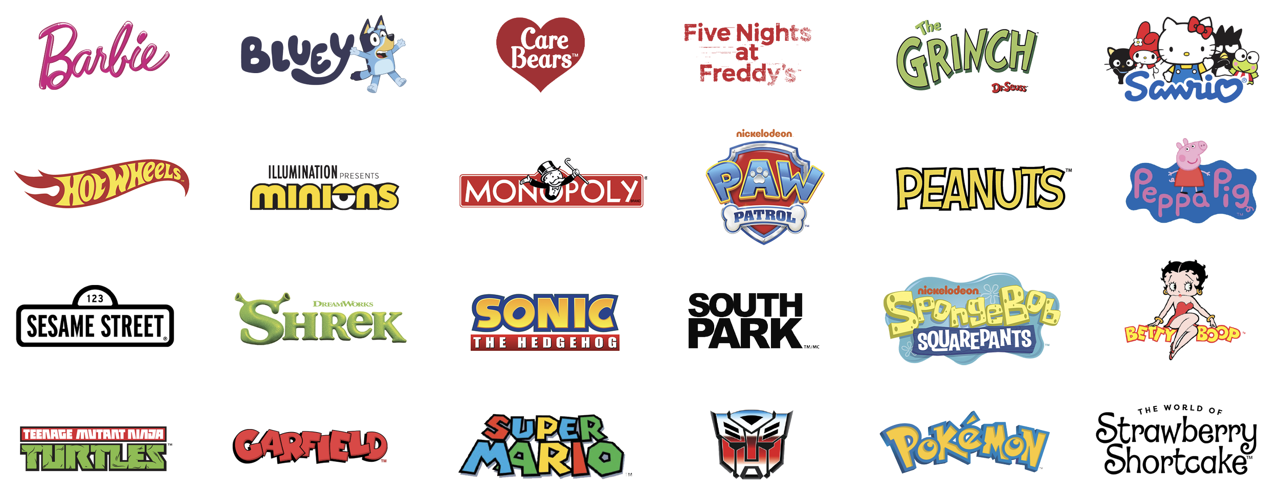 Une ligne de plusieurs logos de dessins animés et de franchises pour enfants, comprenant Barbie, Bluey, Care Bears, Five Nights at Freddy's, et autres.