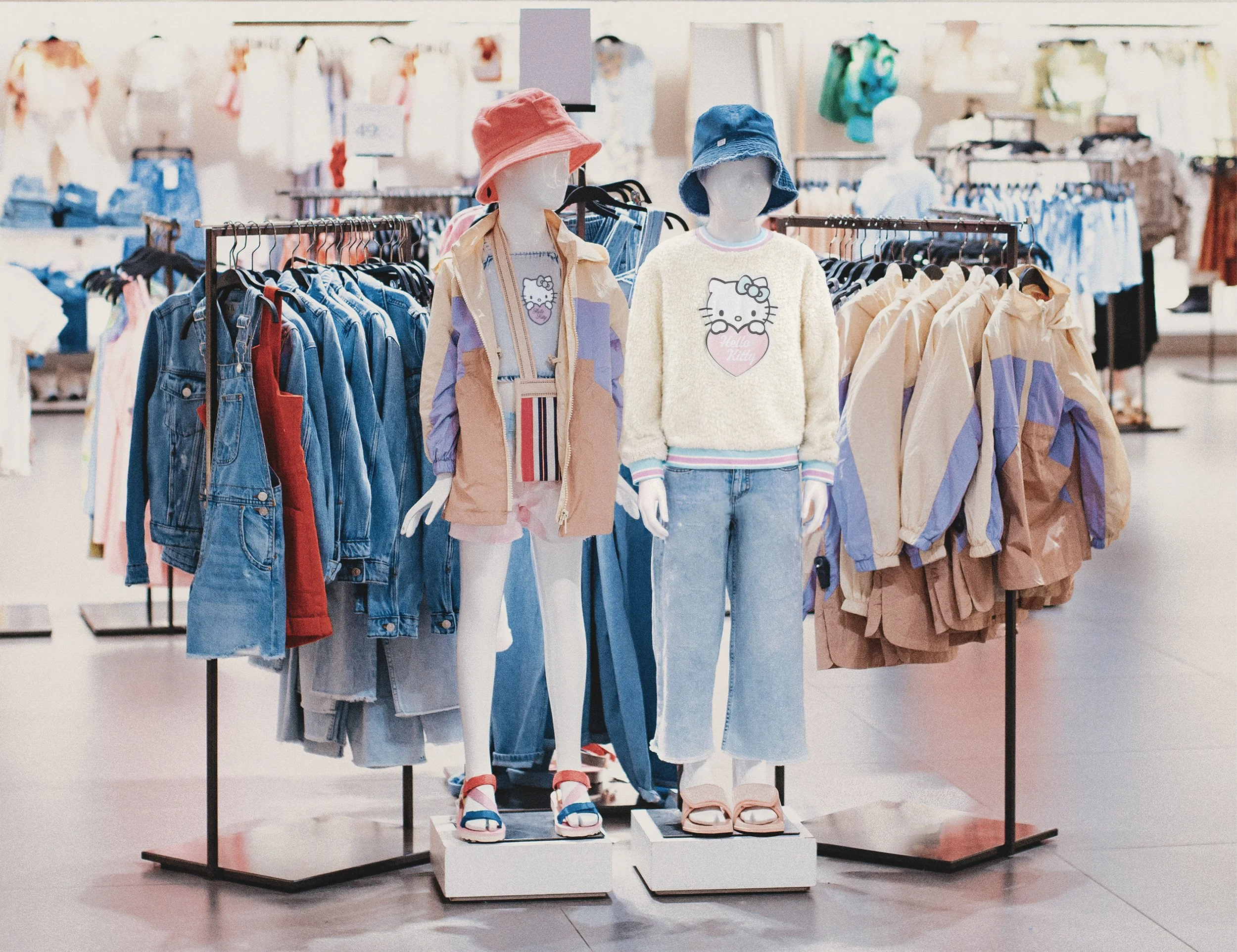 Vêtements pour enfants exposés dans un magasin, avec mannequins portant des chapeaux colorés, sweat-shirts Hello Kitty, jeans et sandales décontractées.