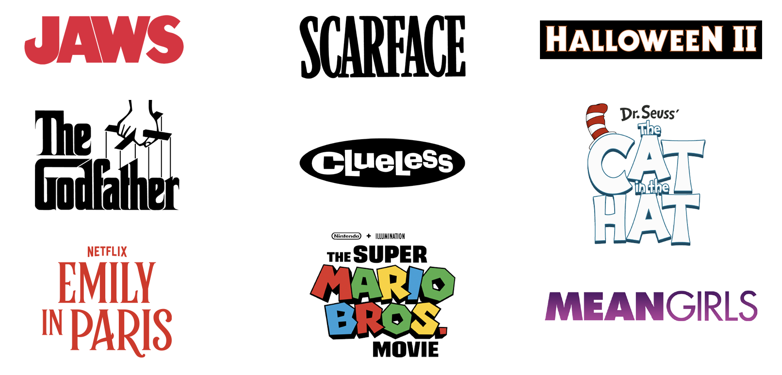 Logo du film d'animation 'Le Chat dans le Chapeau' avec le titre en anglais et en français. Un logo de 'Super Mario Bros' avec des lettres colorées. La mention 'Halloween II' en orange.