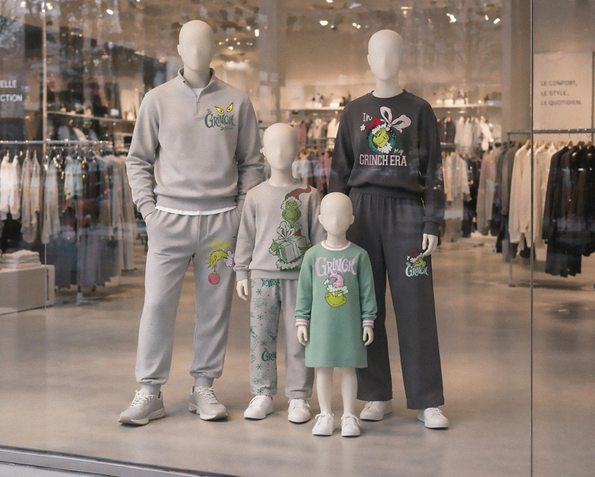 Vitrine d'un magasin de vêtements avec des mannequins en tenues décontractées à thème Grinch, comprenant un sweat gris avec une face du Grinch et un sweat noir avec une face du Grinch en robe de Noël, accompagnés de deux mannequins enfants avec des vêtements Grinch.