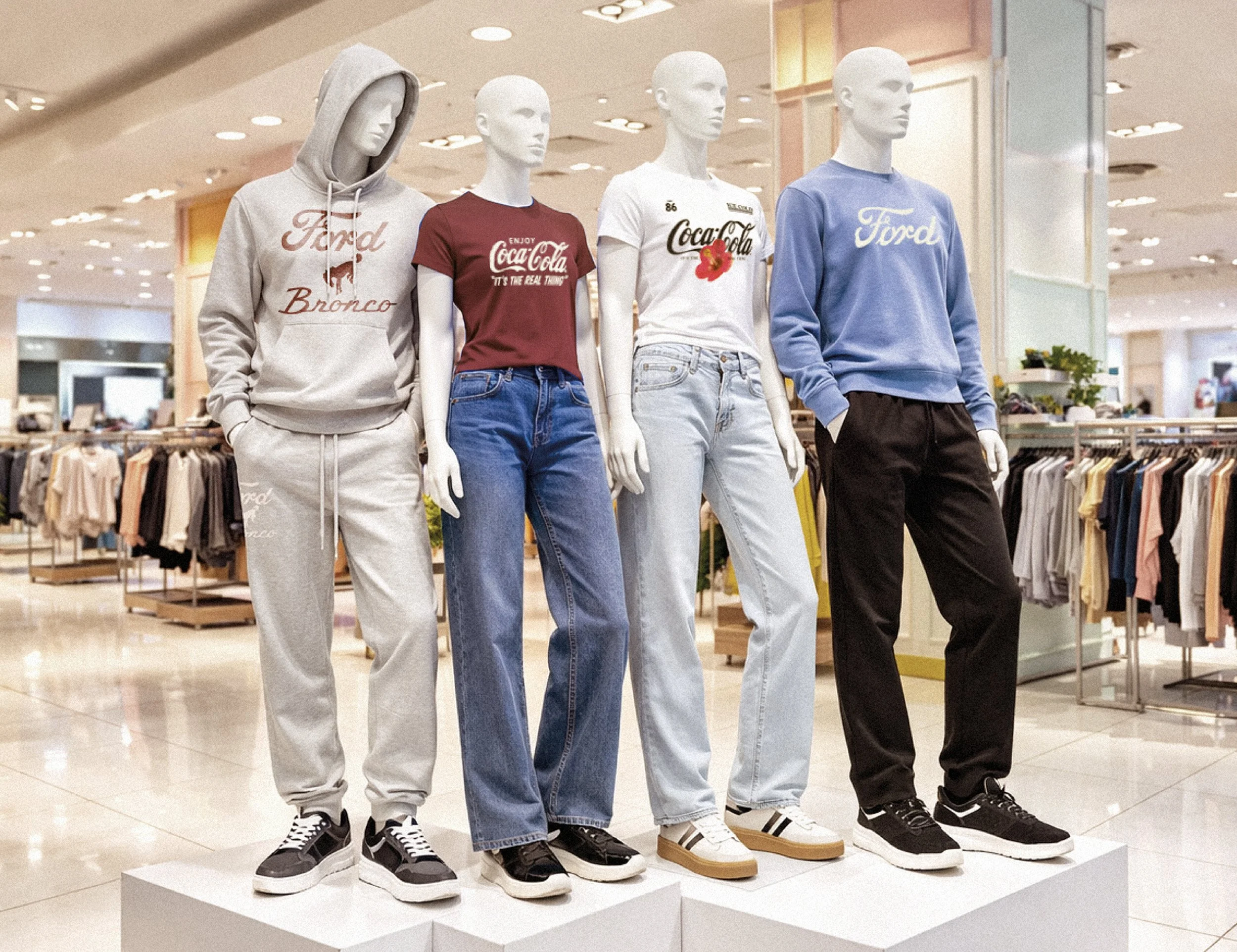 Vitrine avec quatre mannequins portant des vêtements décontractés dans un centre commercial.