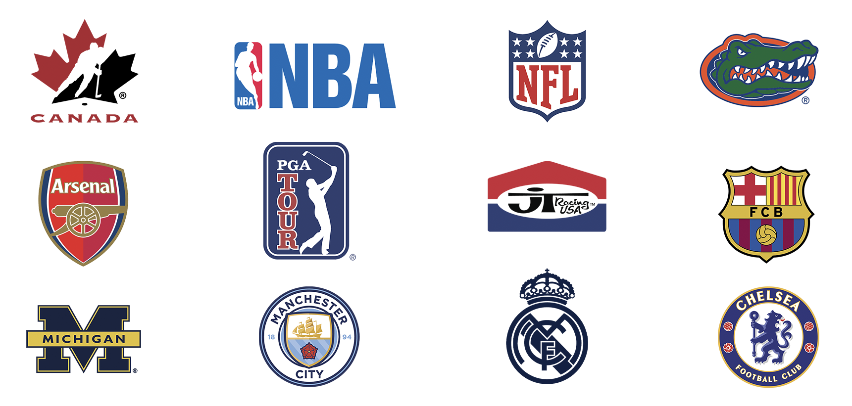 Logo combiné de plusieurs clubs et ligues sportives, incluant la NBA, la NFL, la PGA Tour, l'Arsenal FC, le FC Barcelone, Chelsea FC, Manchester City, et l'Université du Michigan.