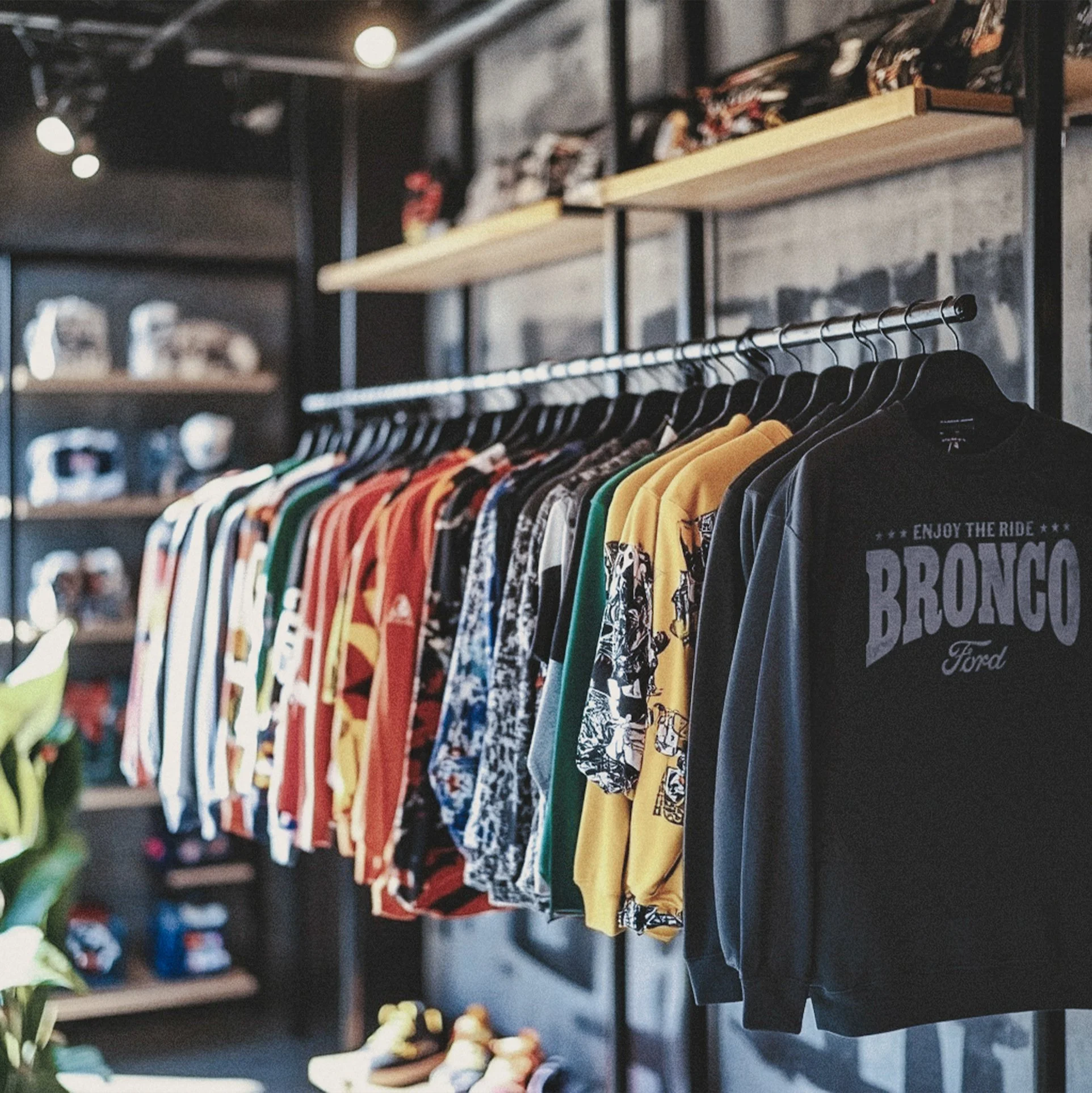 Vêtements pour enfants suspendus sur une barre dans une boutique avec étagères en arrière-plan.