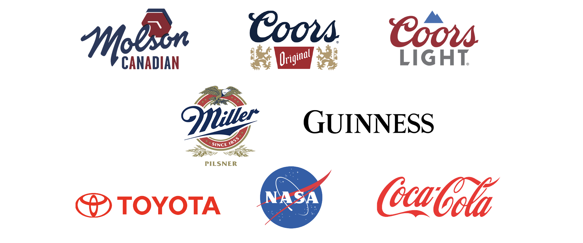 Logo de plusieurs grandes entreprises, dont la NASA, Coca-Cola, Nickelodeon, Miller, Hasbro, SEGA, Toyota, et d'autres, regroupés dans une composition complexe.