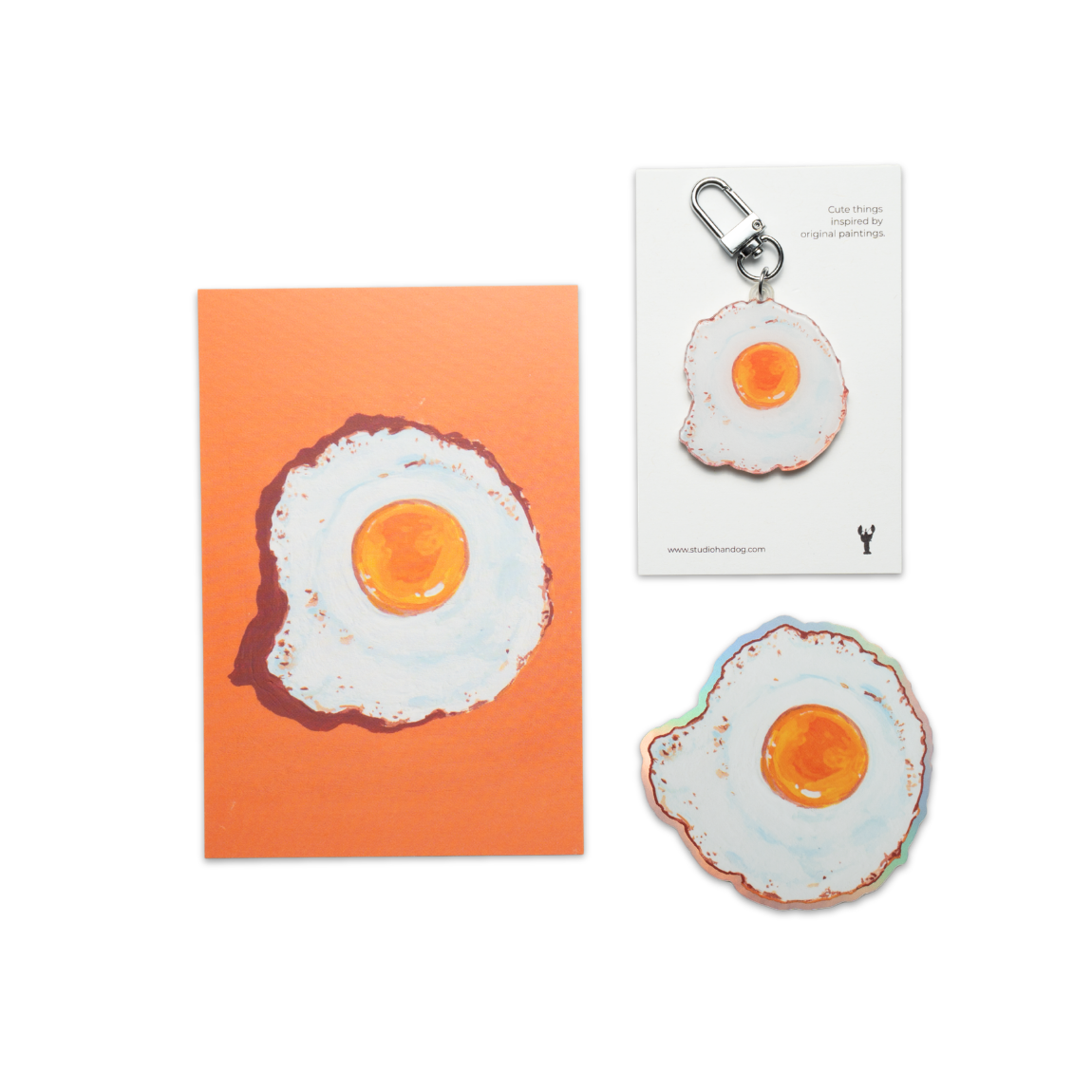 Fried Egg Bundle - 4" x 6" Postcard, Holographic Sticker, Acrylic Keychain