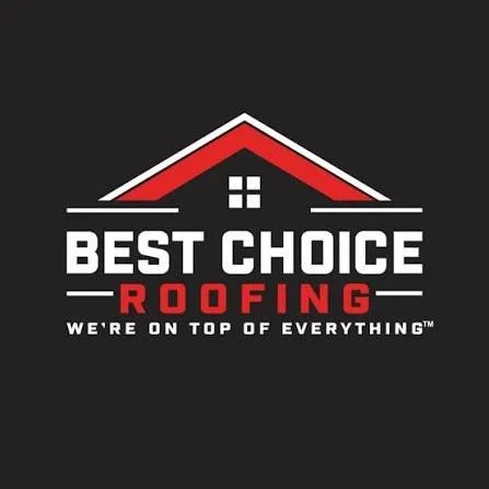 Logo for Best Choice Roofing featuring a red and white roof graphic, a small window, and the slogan 'We're on top of everything'.