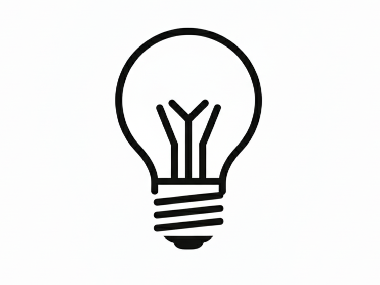 Minimalist black line drawing of a light bulb on a white background.