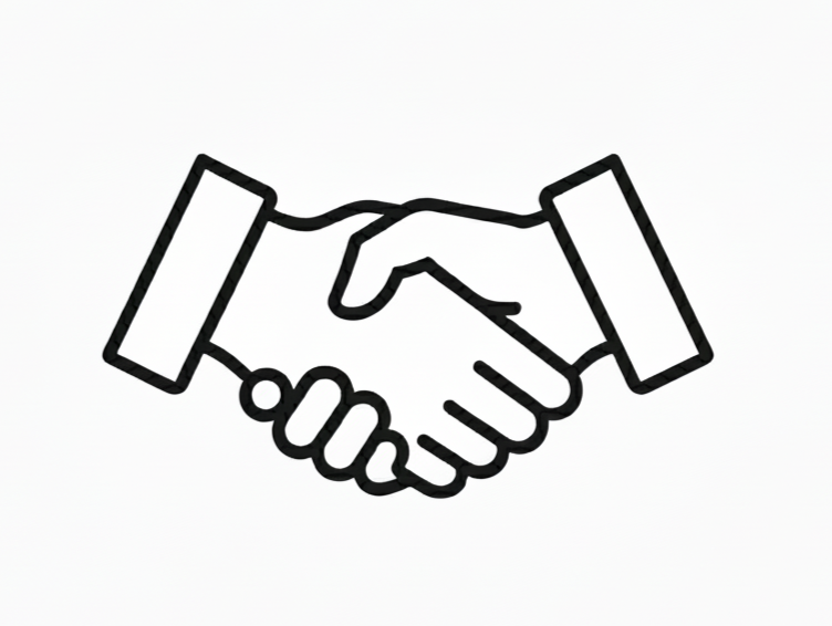 Outline drawing of two hands shaking.