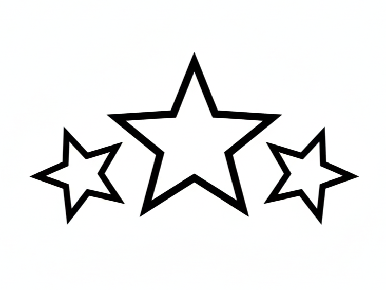 Three outlined stars, one large in the center and two smaller ones on either side, on a white background.