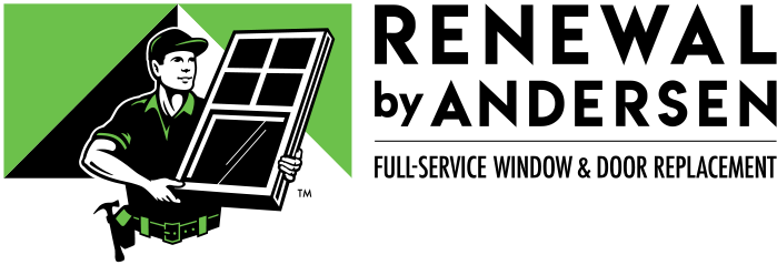 A delivery person in a uniform holding a large window, standing against a green and black background.