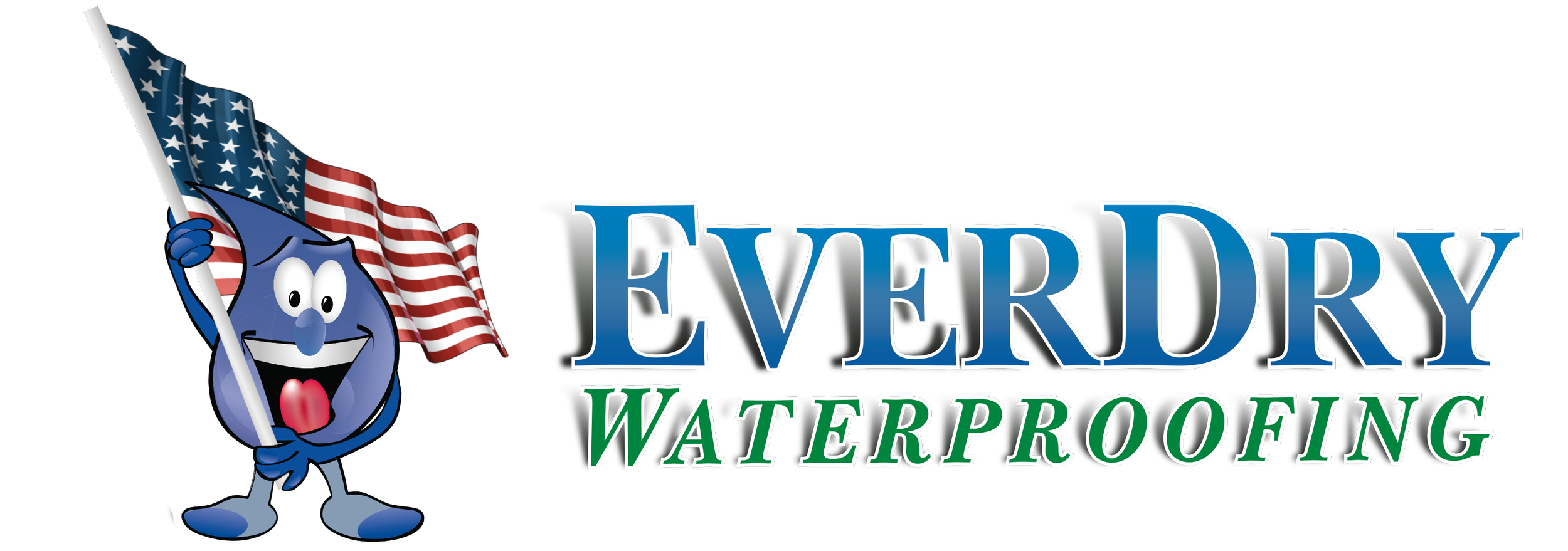 Everage Waterproofing logo with a cartoon water droplet character holding an American flag.