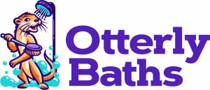 Cartoon otter wearing a blue shower cap, holding a yellow rubber duck, next to the text 'Otterly Baths' in purple.
