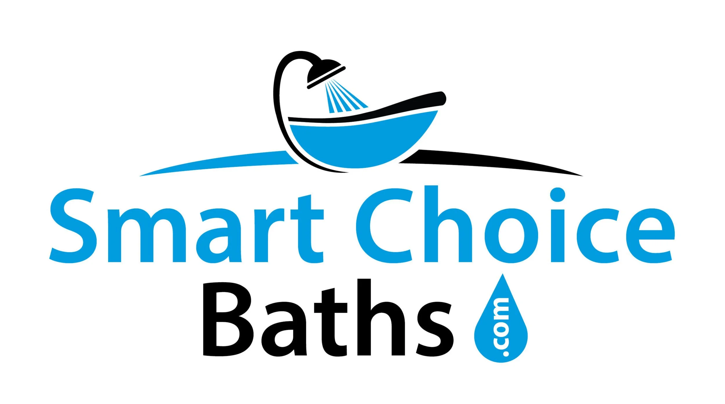 Logo for Smart Choice Baths featuring a stylized showerhead, water, and the text 'Smart Choice Baths' with a water drop.