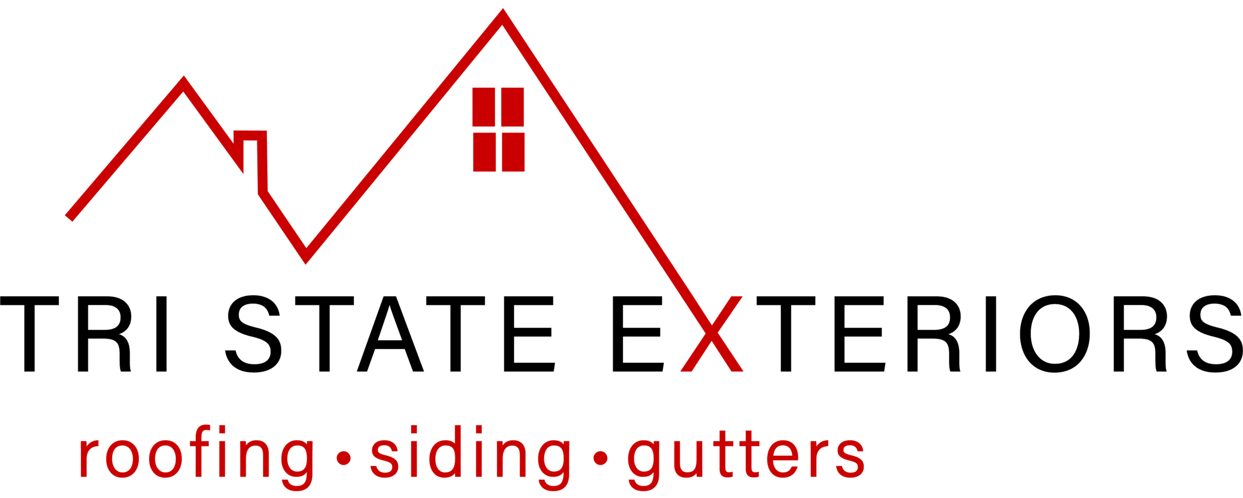 Logo with a red house roof outline, with a window in the middle, and a red roof peak. Below are the words 'roofing, siding, gutters' in red, and a black tagline 'Trusted by thousands'.