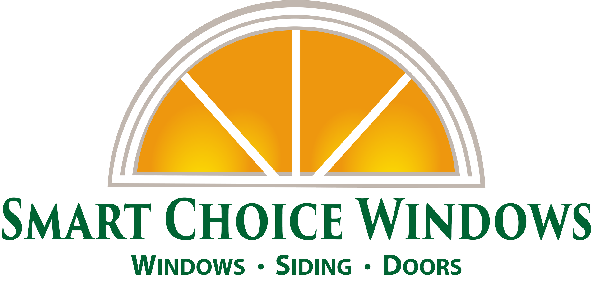 Logo for Smart Choice Windows featuring a stylized orange and yellow semi-circle window with white framing, and text for windows, siding, and doors.
