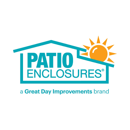 Logo for Patio Enclosures featuring a stylized house with a roof, a sun partially visible behind the roof, and the text 'Patio Enclosures' with a tagline 'a Great Day Improvements brand'.