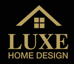 Logo with a house and window design above the words "Luxe Home Design" in gold on a black background.