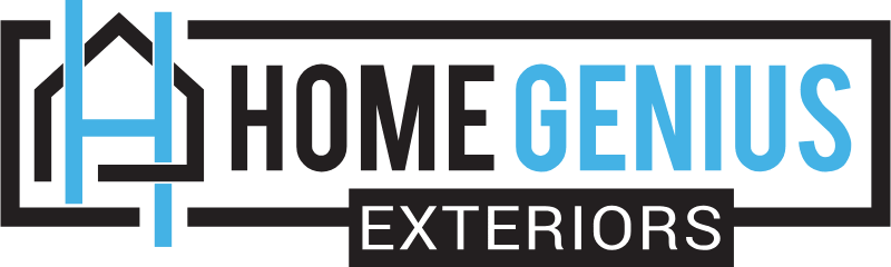 Logo for Home Genius Exteriors featuring a house outline with the words 'Home Genius Exteriors'.