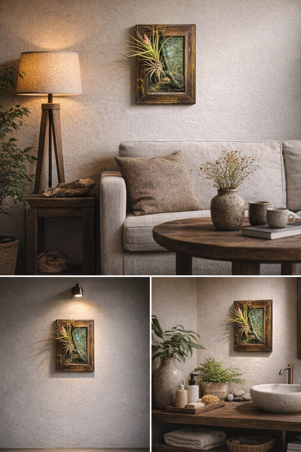 Gemütliches Wohnzimmer mit beige Couch, Holztisch, Pflanzen, Wanddeko in Naturfarben, warmes Licht, Badezimmer mit Waschtisch, Vase mit Blumen und Dekorationsgegenständen.