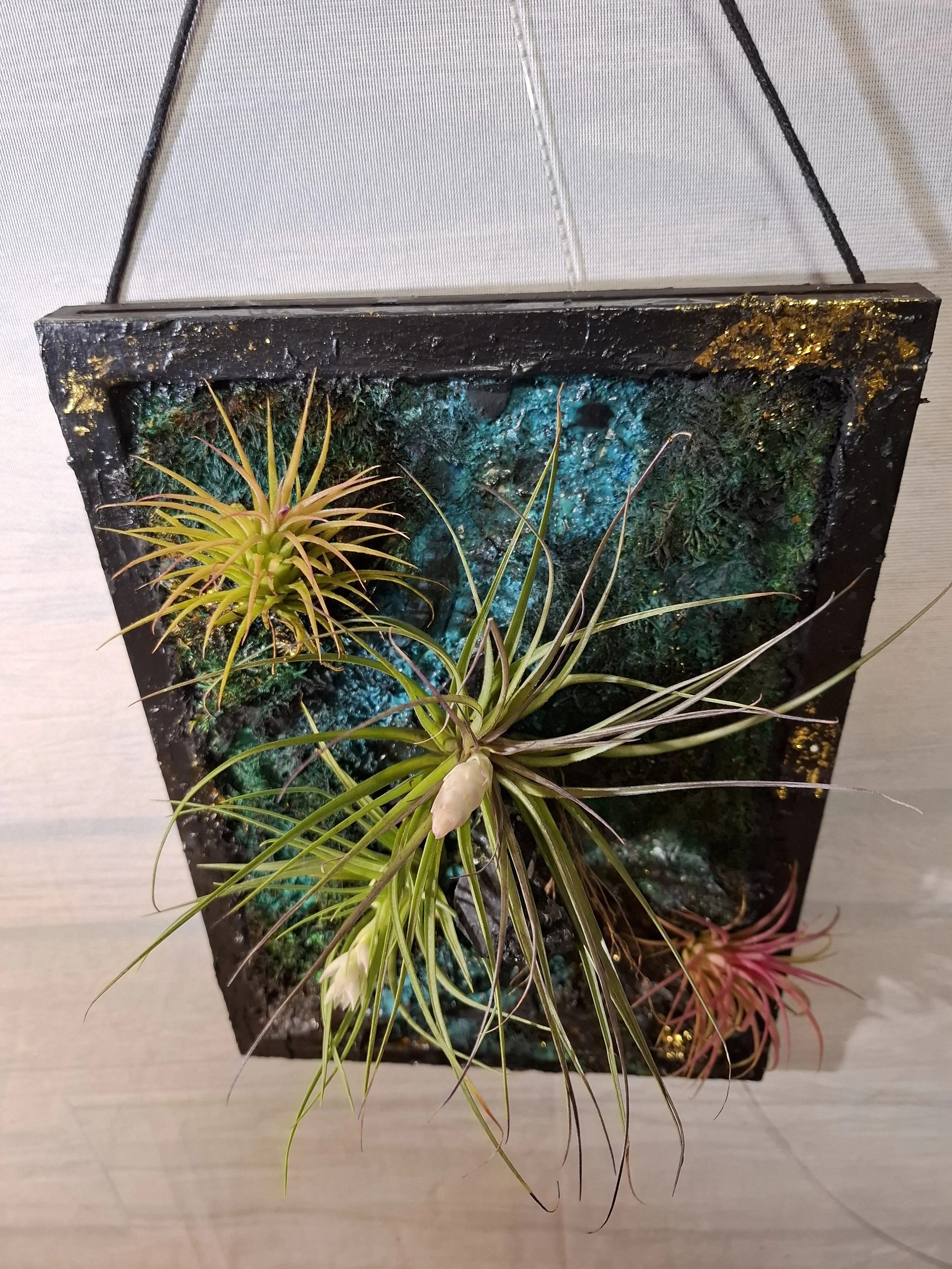 Kunstpflanze in schwarzem Rahmen mit grünen und rosa Balancierpflanzen und einer blauen Hintergrundrückwand.