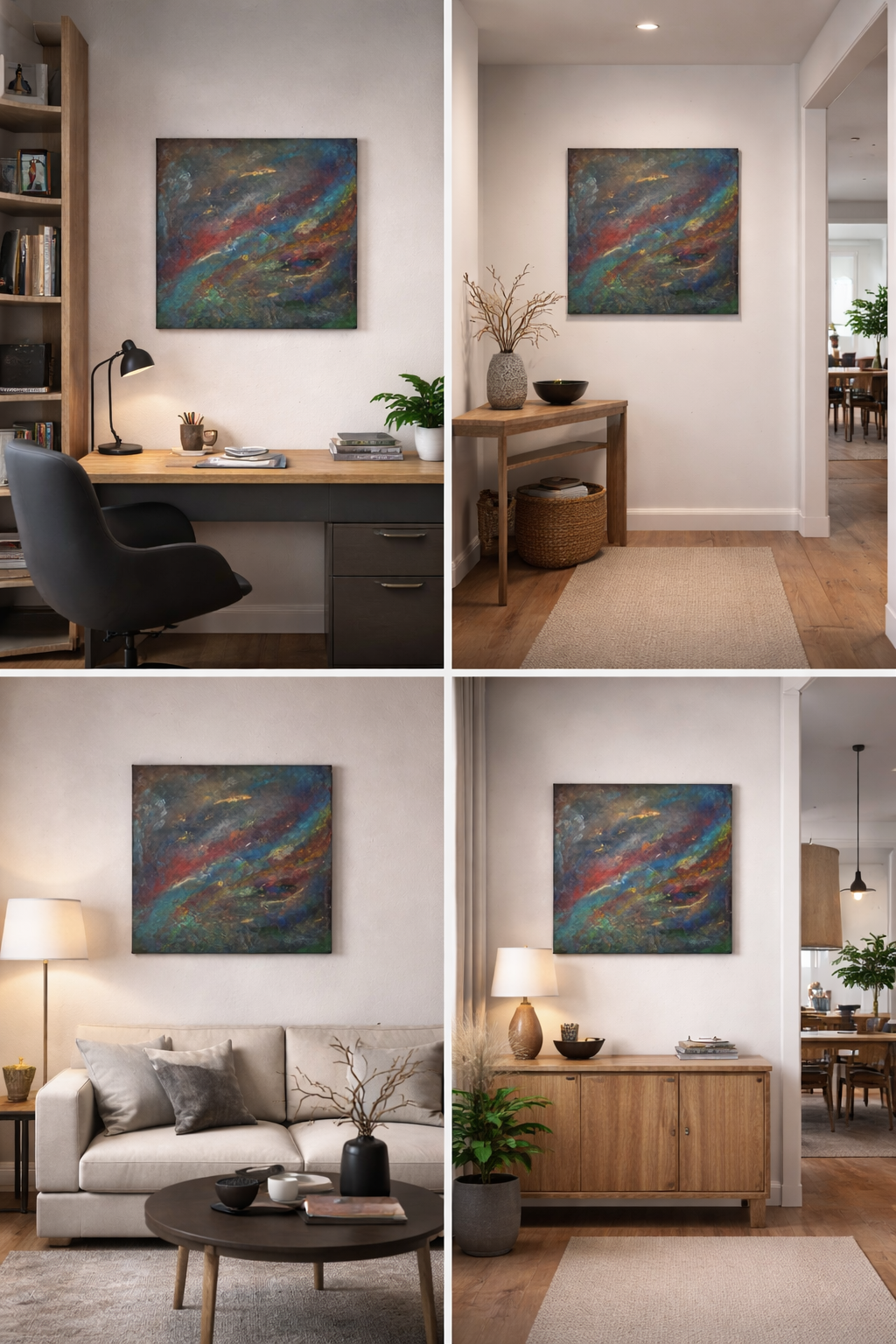 Verschiedene Innenansichten eines Hauses mit einem abstrakten Gemälde an den Wänden, dekorativem Holz- und Möbelstücken sowie Pflanzen, jeweils mit unterschiedlichen Raumdekoren und Beleuchtungen.