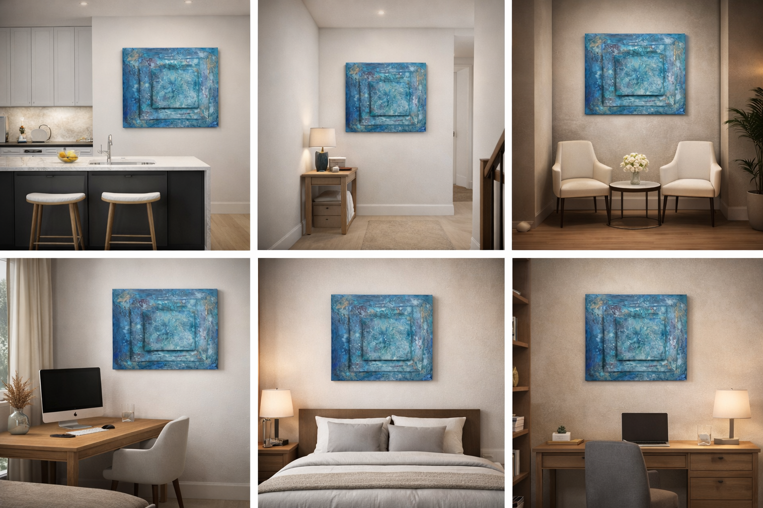 Sechs verschiedene Räume, die alle ein gleiches abstraktes Kunstwerk in Blautönen an der Wand haben, inklusive Küche, Flur, Sitzbereich, Arbeitszimmer, Schlafzimmer und Büro.
