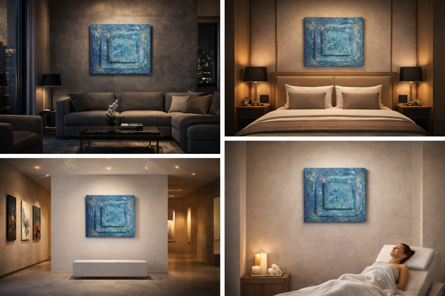 Verschiedene Räume in einem Hotel, mit blauer abstrakter Kunst an den Wänden, einem gemütlichen Wohnzimmer, einem Schlafzimmer, einem Kunstmuseum mit Gemälden und einer Spa-Behandlungsszene mit einer Frau, die entspannt auf einer Liege liegt.