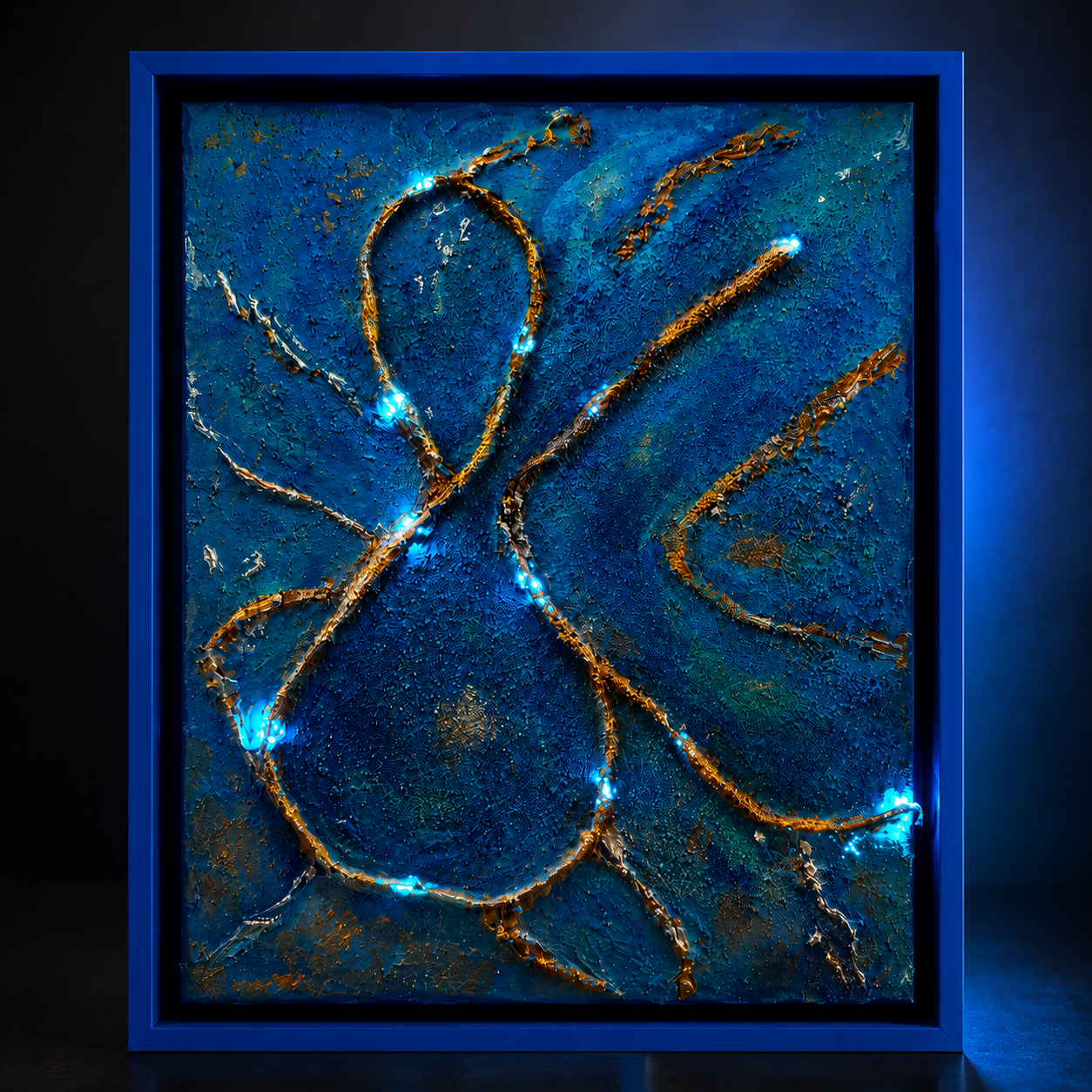 Abstraktes Kunstwerk in Blau mit goldfarbenen Linien und blauen LED-Lichtern, umrahmt von einem blauen Rahmen.