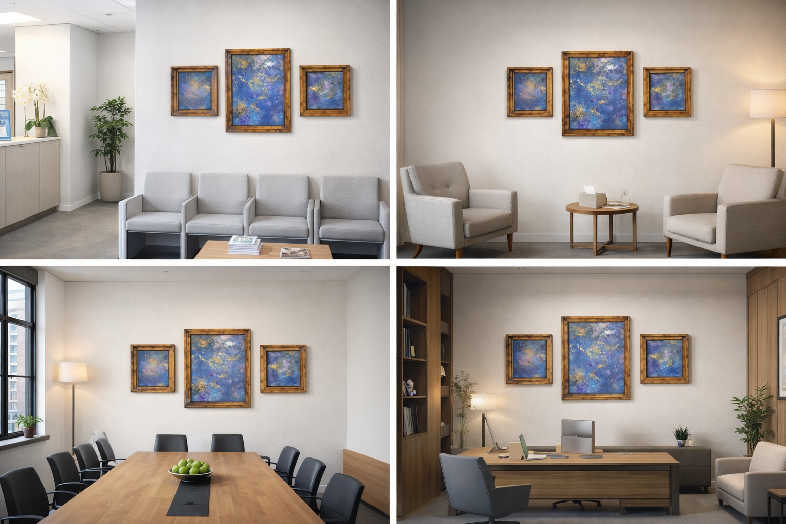 Vier verschiedene Büros mit gemalten Bildern. Das erste Büro hat helle Wände und graue Sitzgelegenheiten, das zweite hat eine gemütliche Sitzecke mit zwei Sesseln und einem kleinen Tisch, das dritte ist ein Konferenzraum mit einem langen Tisch und me