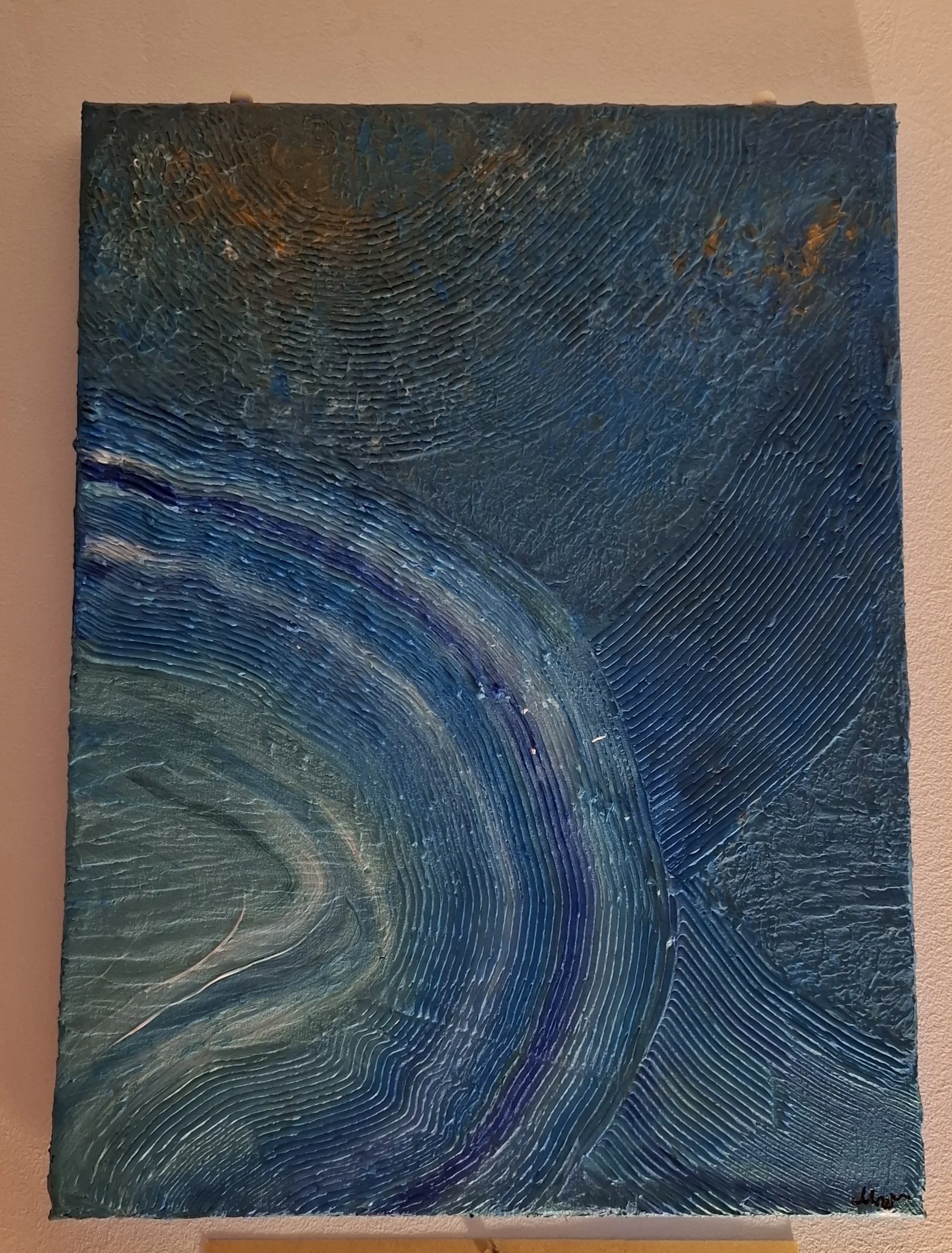 Abstraktes Ölgemälde in Blau- und Grüntönen mit gewölbten und texturierten Linien auf Leinwand