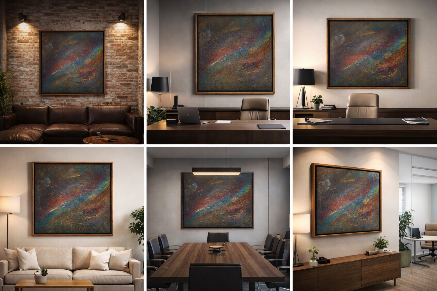 Verschiedene Räume mit modernen Wandkunstwerken, darunter Wohnzimmer, Büro und Konferenzraum, alle mit abstrakten Gemälden an den Wänden.