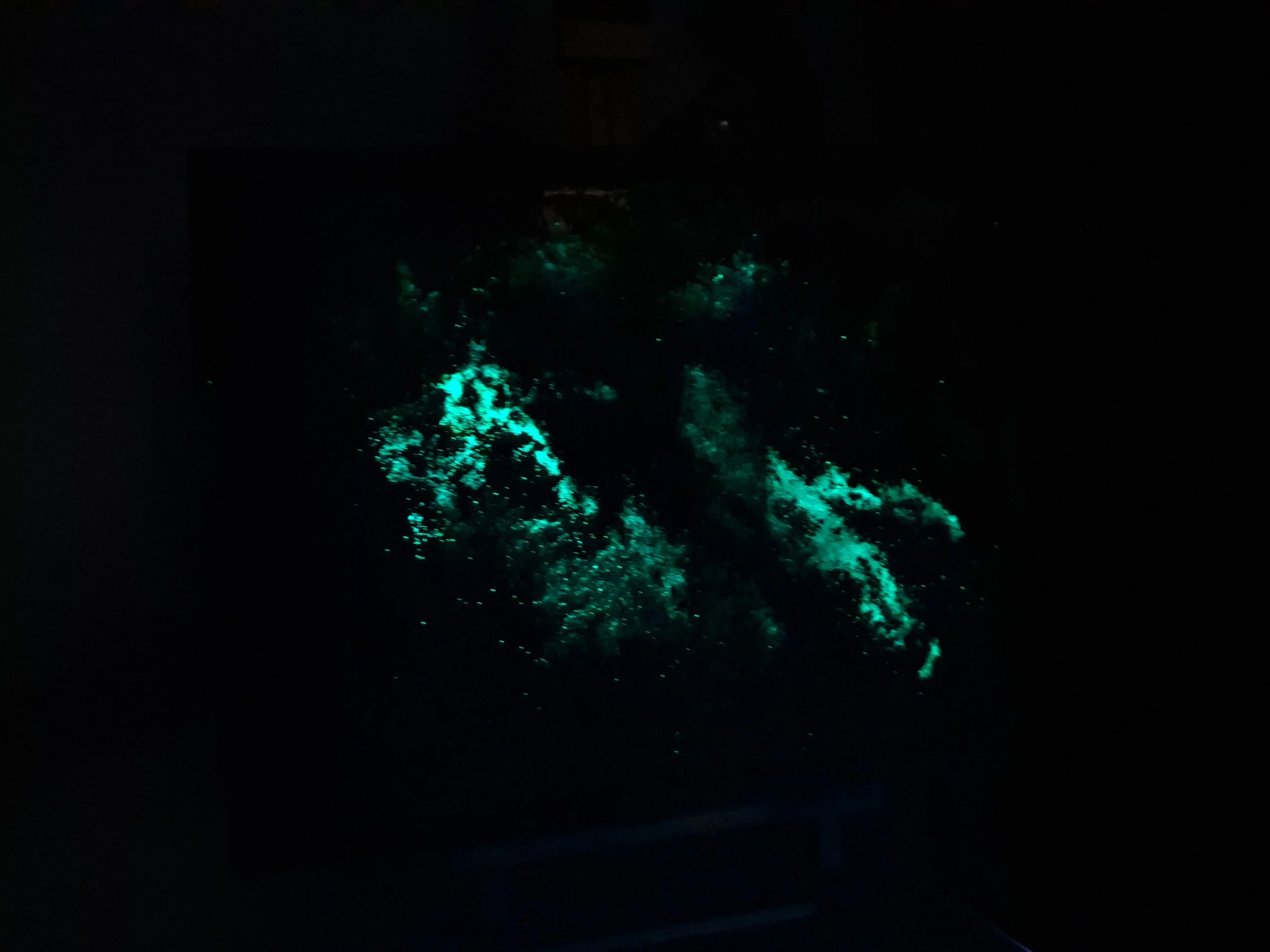 Dunkles Bild mit leuchtenden, grünen und blauen Glitzereffekten, die möglicherweise auf Wasser oder Mineralien in einem dunklen Raum oder unter Wasser hinweisen.